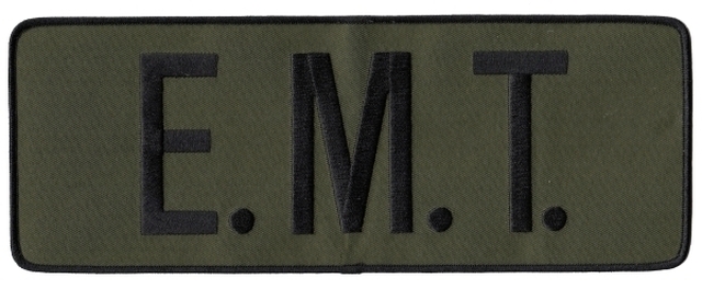 E.M.T. 11X4 Black on OD Green back panel patch