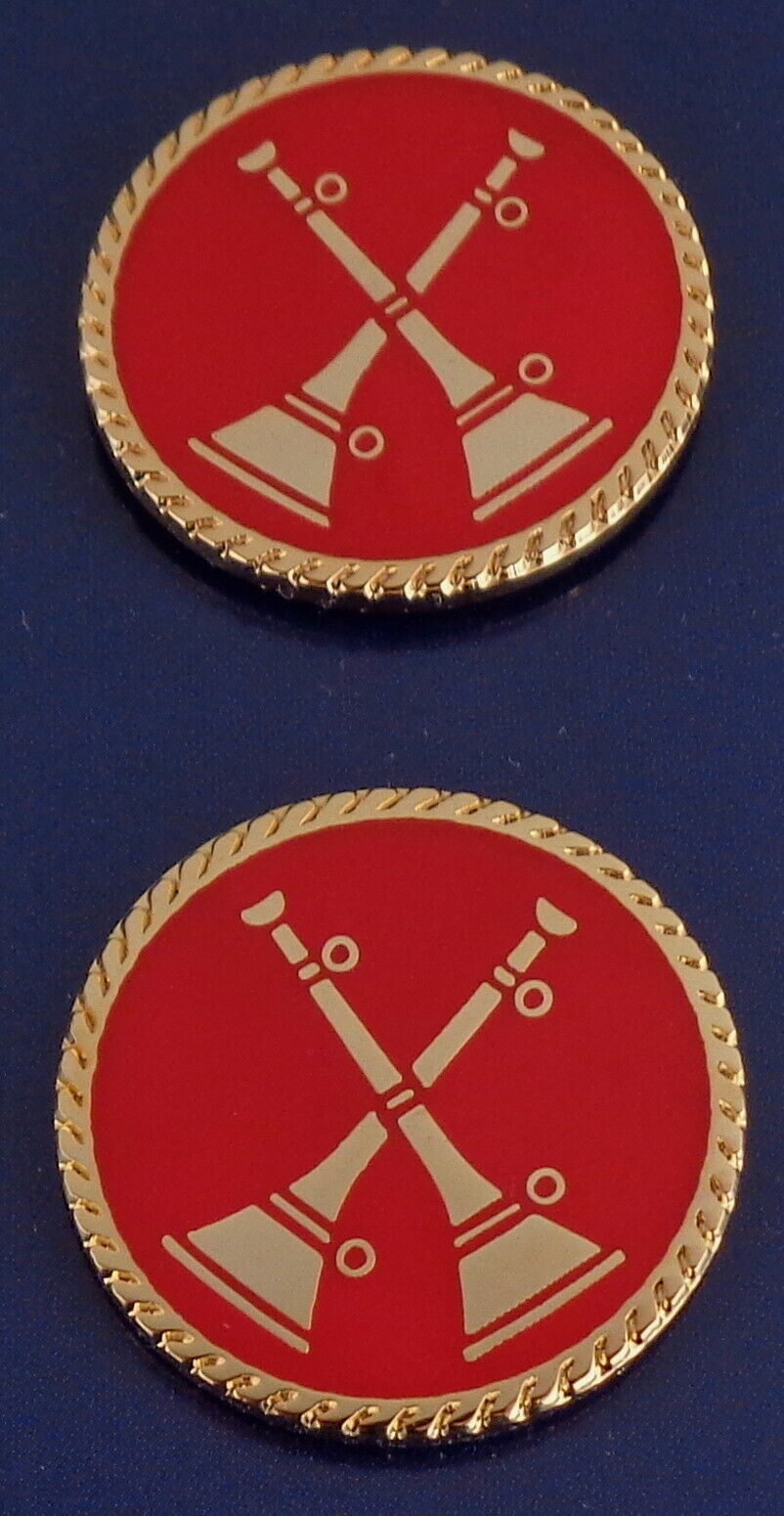 2 Bugles CROSSED Gold on Red Fire CAPT Captain Flat Discs Collar Pins 15/16