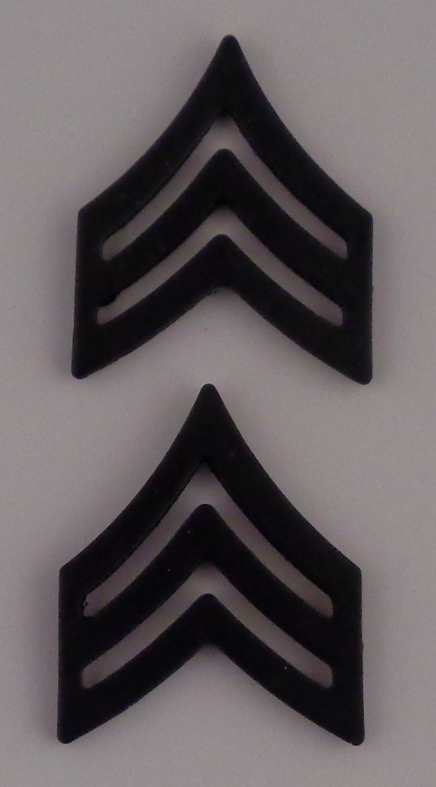 SGT Chevrons, BLACK Enameled, 2 Posts & Clutch Backs, Pairs, Pointy-3/4" Wide