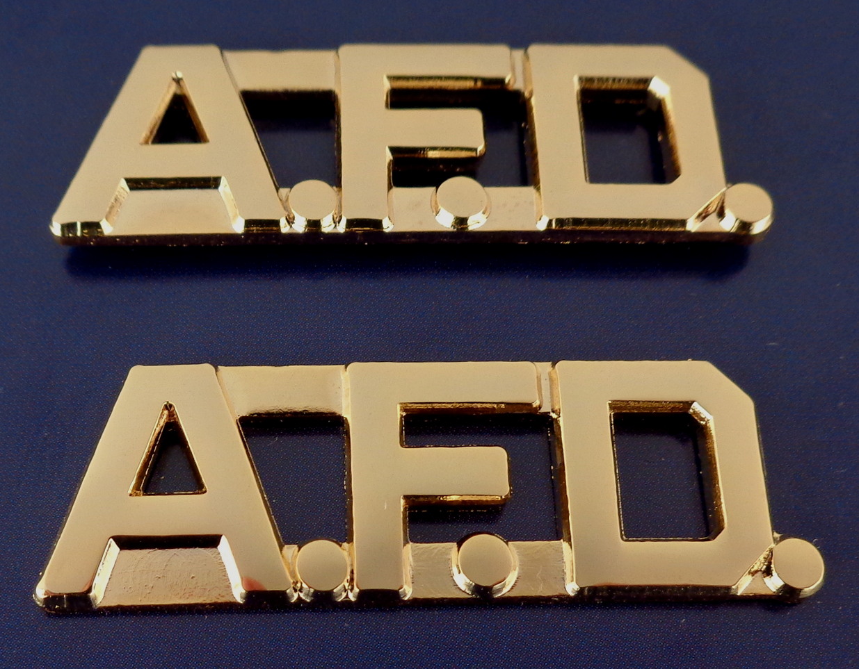 A.F.D. 1/2" Polished Gold Collar Pins with periods