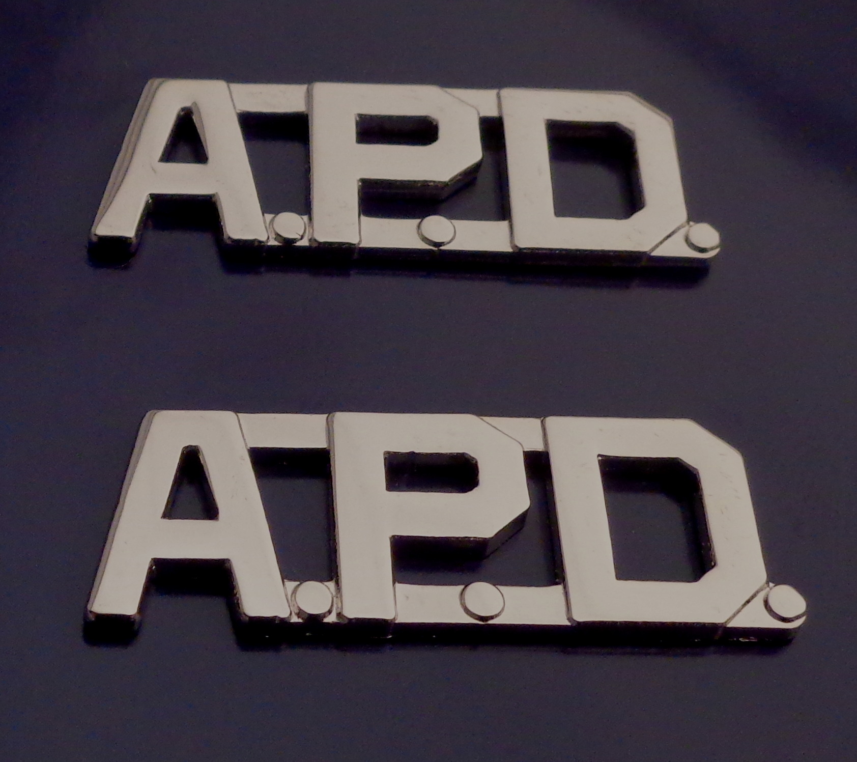 A.P.D. polished silver 1/2" Letters Collar Pins Insignia police
