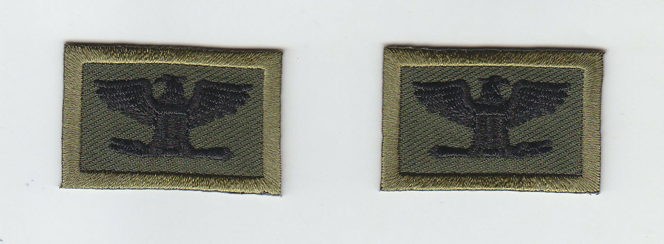 COL Colonel BLACK on OD GREEN rank insignia collar lapel patches 1.5 SMALL