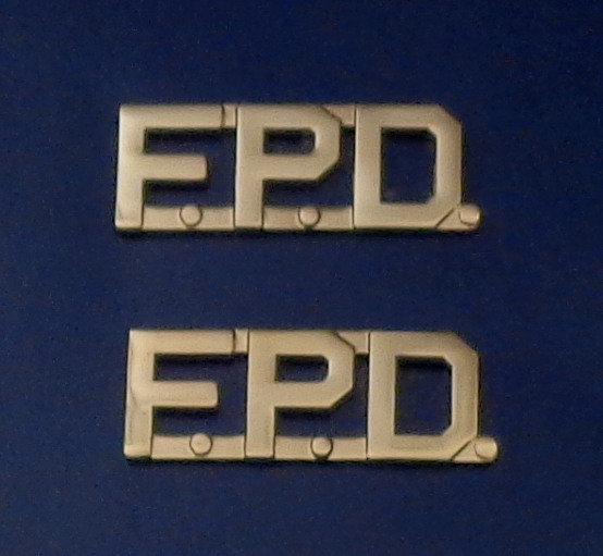 F.P.D. polished gold 1/2" Letters Collar Pins Insignia