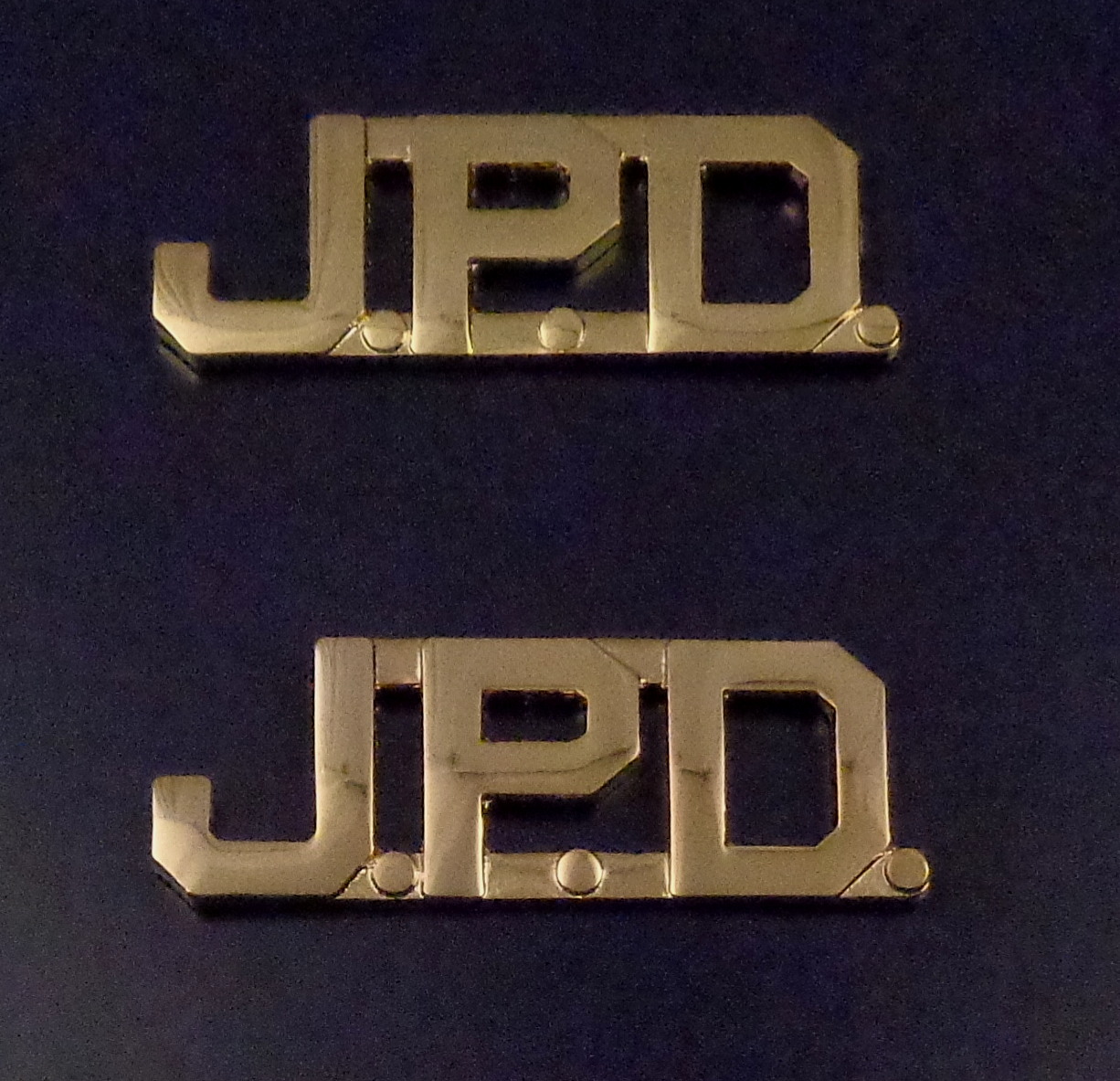 J.P.D. Polished Gold 1/2" Letters Collar Pins Insignia police dept JPD