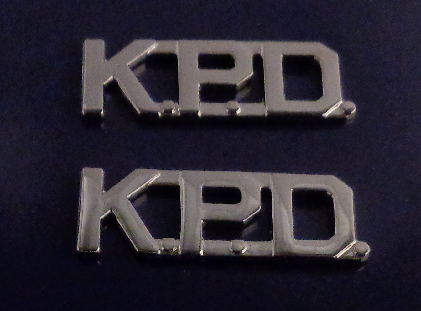 K.P.D. polished silver 1/2" Letters Collar Pins Insignia police