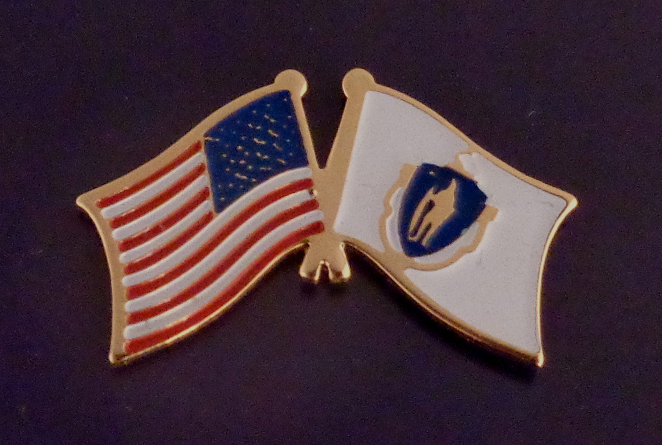 Massachusetts State and US Flags Crossed Lapel Pin