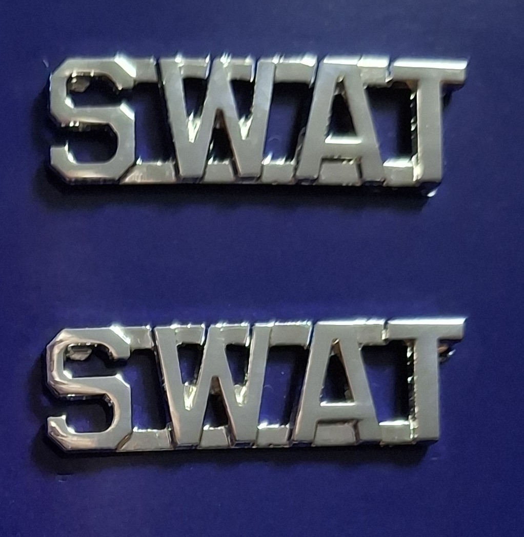 SWAT Silver 3/8" NO PERIODS Lettering/Letters Pair Collar Pins Rank Insignia