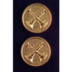 2 Bugles CROSSED polished GOLD 1" Discs Collar Pins