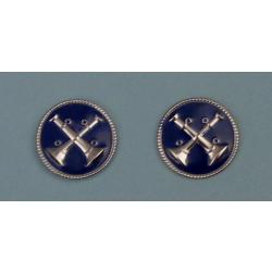 2 Bugles Crossed SILVER on BLUE 1" Discs Collar Pins