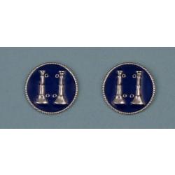 2 Bugles Parallel SILVER on BLUE Discs Collar Pins 1"