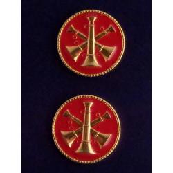3 BUGLES CROSSED GOLD on RED 1" Discs Collar Pins