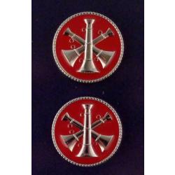 3 BUGLES CROSSED SILVER on RED 1" Discs Collar Pins