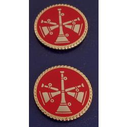 3 Bugles Gold on Red 15/16" Flat Discs Collar Pins