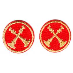 2 Bugles Crossed Gold on Red 1" Collar Patches