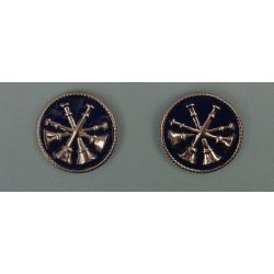 4 Bugles CROSSED SILVER on BLUE 1" Discs Collar Pins