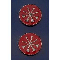 4 Bugles CROSSED SILVER on RED 15/16" Discs Collar Pins