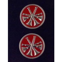 4 Bugles CROSSED Silver on Red 1" Discs Collar Pins
