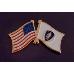 Massachusetts State and US Flags Crossed Lapel Pin