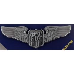 PRIVATE PILOT Wings uniform pin LARGE antique silver