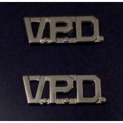 V.P.D. Silver nickel  1/2" Letters Collar Pins Insignia police dept VPD