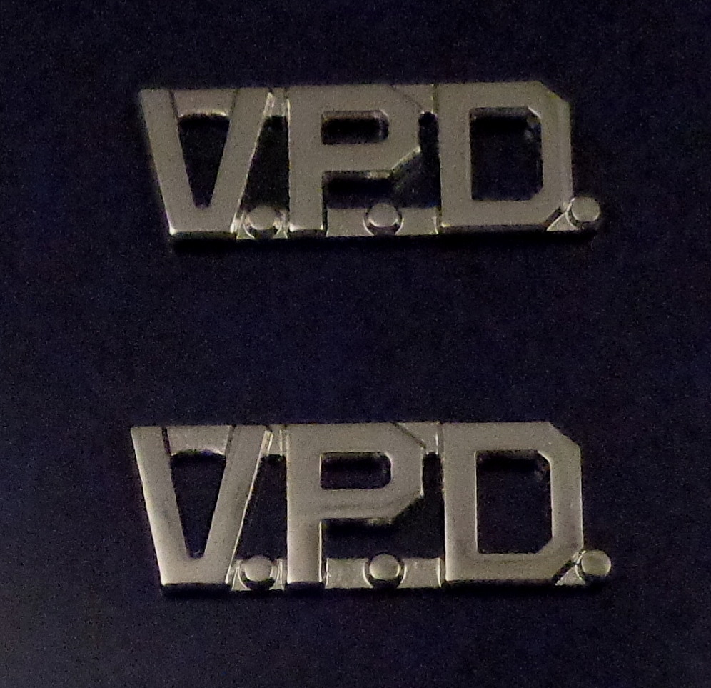 V.P.D. Silver nickel  1/2" Letters Collar Pins Insignia police dept VPD