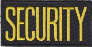 SECURITY IRON-ON Medium Gold on Black Front Panel Patch 4″ X 2″